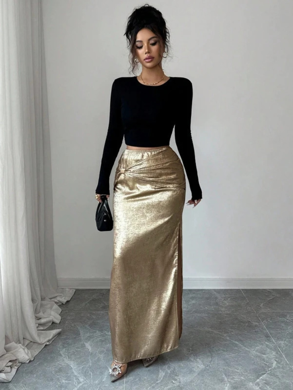 Fall Metallic Trim Pleated Bodycon Slit Slimming Skirt